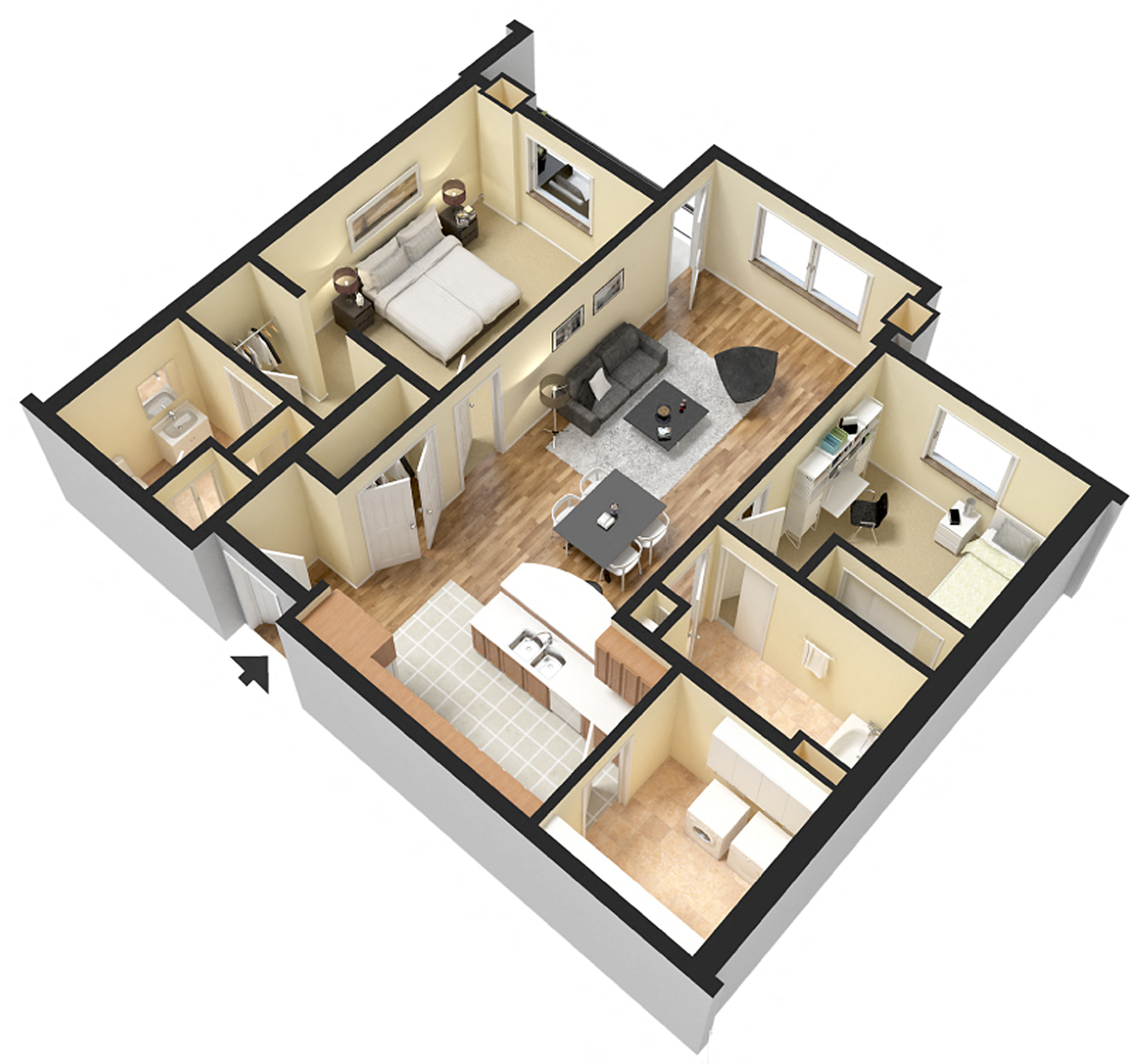 Floor plan for 2 beds, 2 baths, 1072 sqft